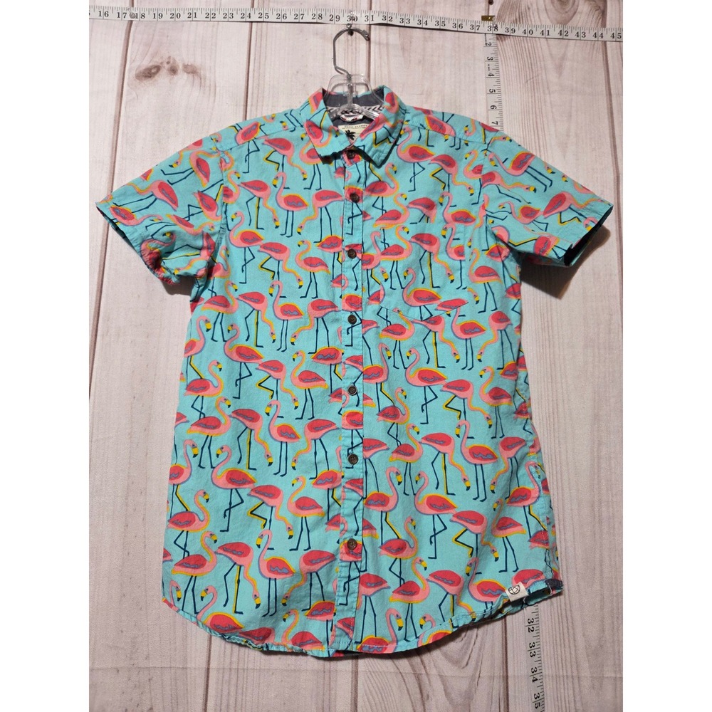 Free Planet Mens Short Sleeve Flamingo Print Button Up Shirt Size S